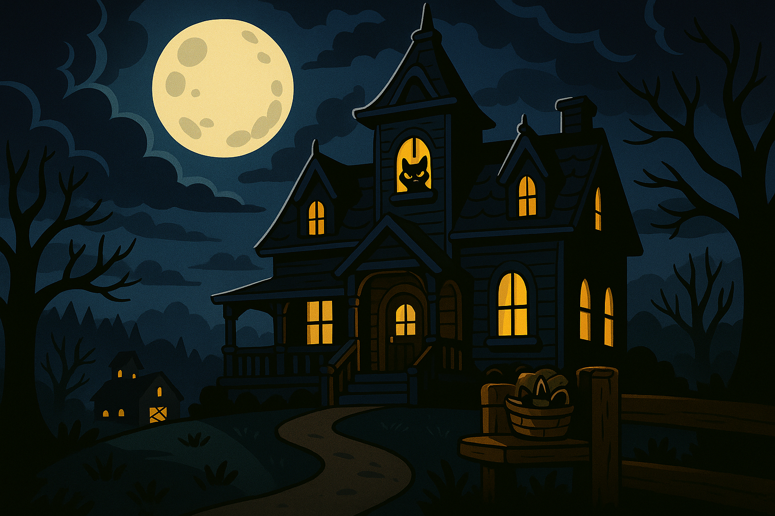 Comically spooky house with a sly cat peeking from the window and dramatic moonlight
