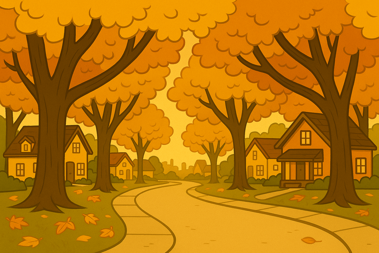 Maple trees arching over a quiet residential street