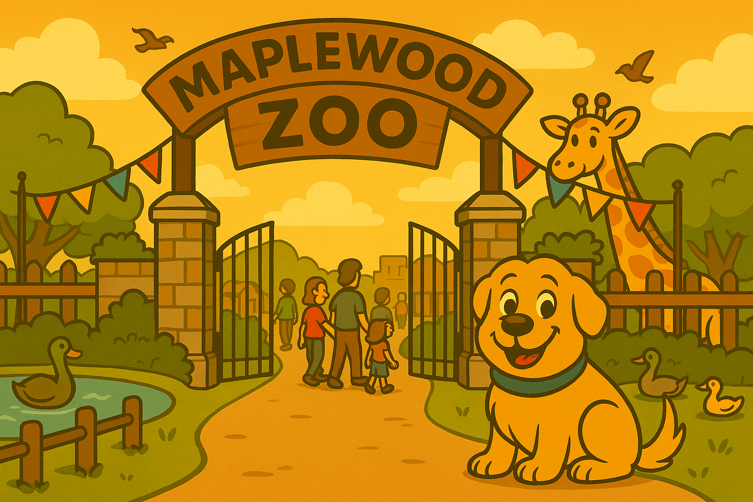 Small town zoo entrance with cheerful banners and animal silhouettes