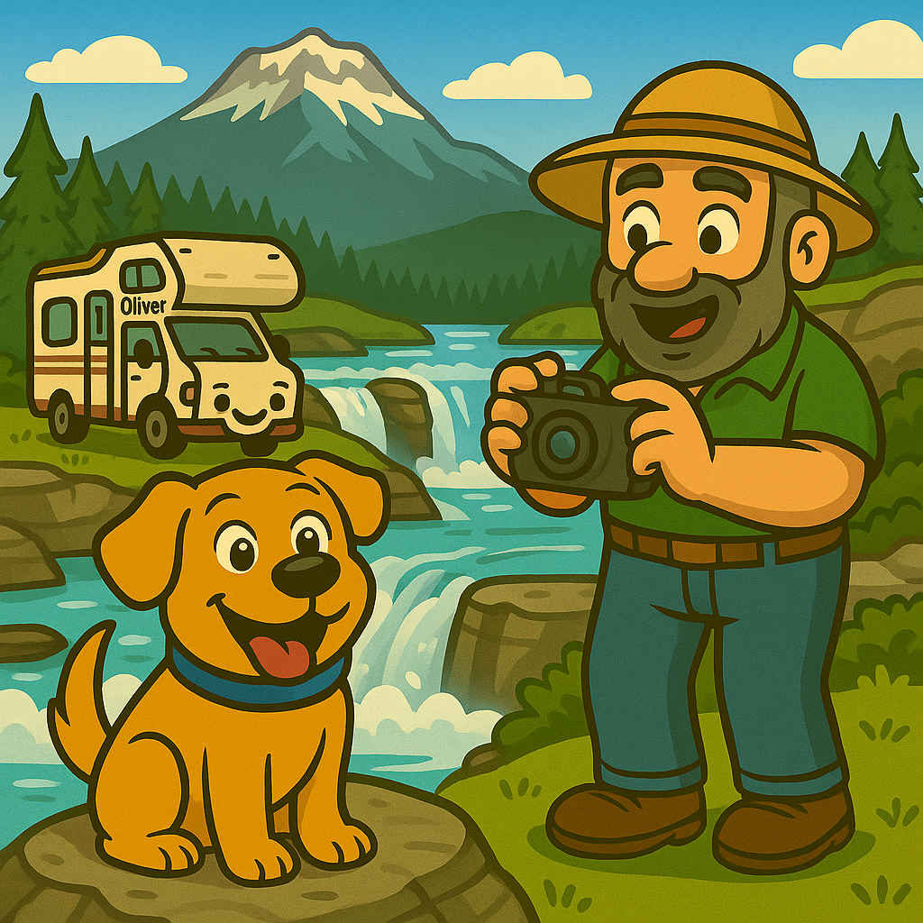 Harley and Dad by a turquoise mountain lake